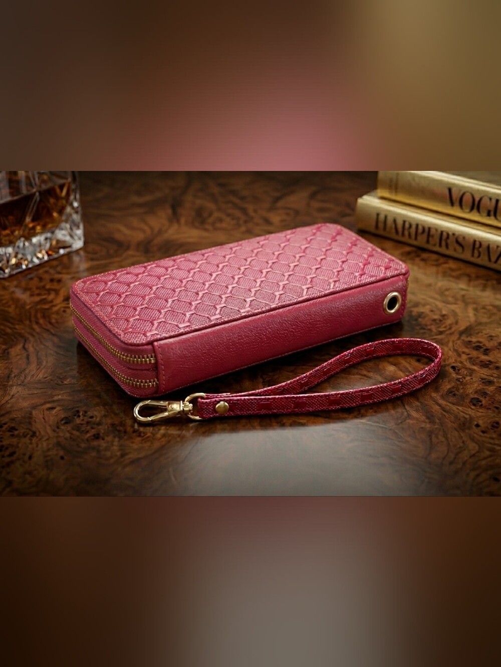 Woman's Multi Department Dark Pink Textured Small Double Zip Around Wallet